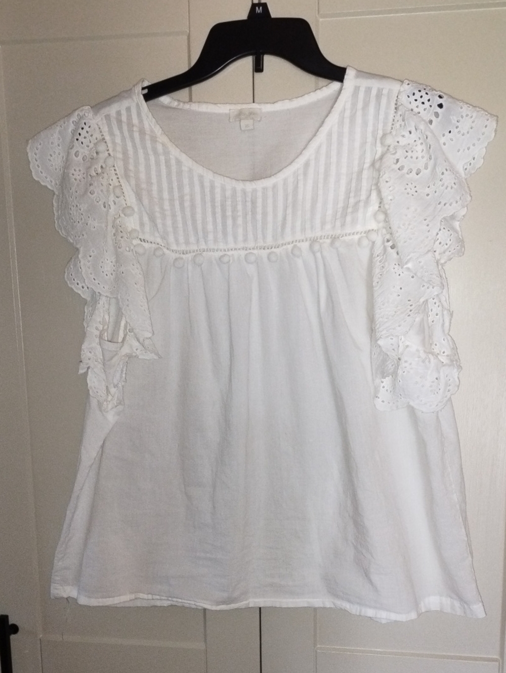Jennifer And Grace White Eyelet Ruffle Sleeve Blouse - Feminine Scoop Neck